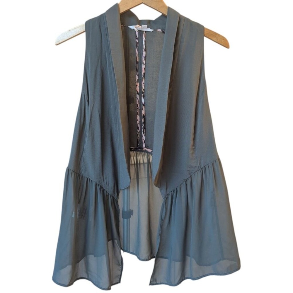 BCBGeneration Mixed Media Vest Olive Green Open Front Peplum Sheer Draped Sz M